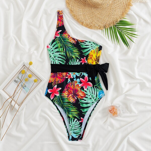 

Tropical Print One Shoulder One Piece Swimsuit, Multicolor