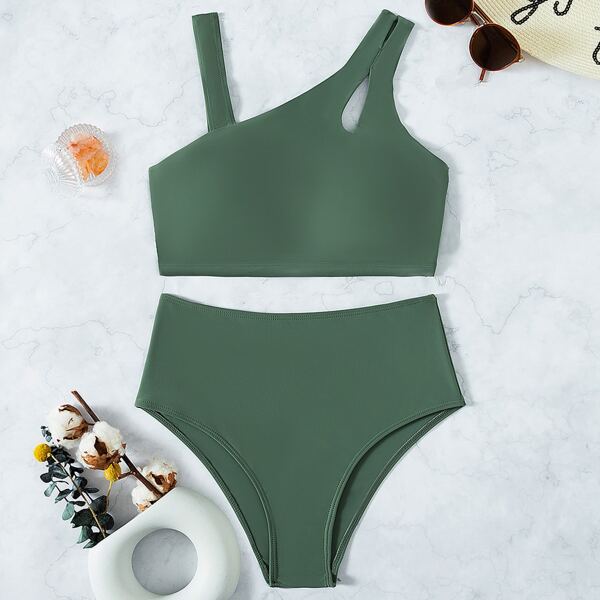 

Cut-out High Waisted Bikini Swimsuit, Army green