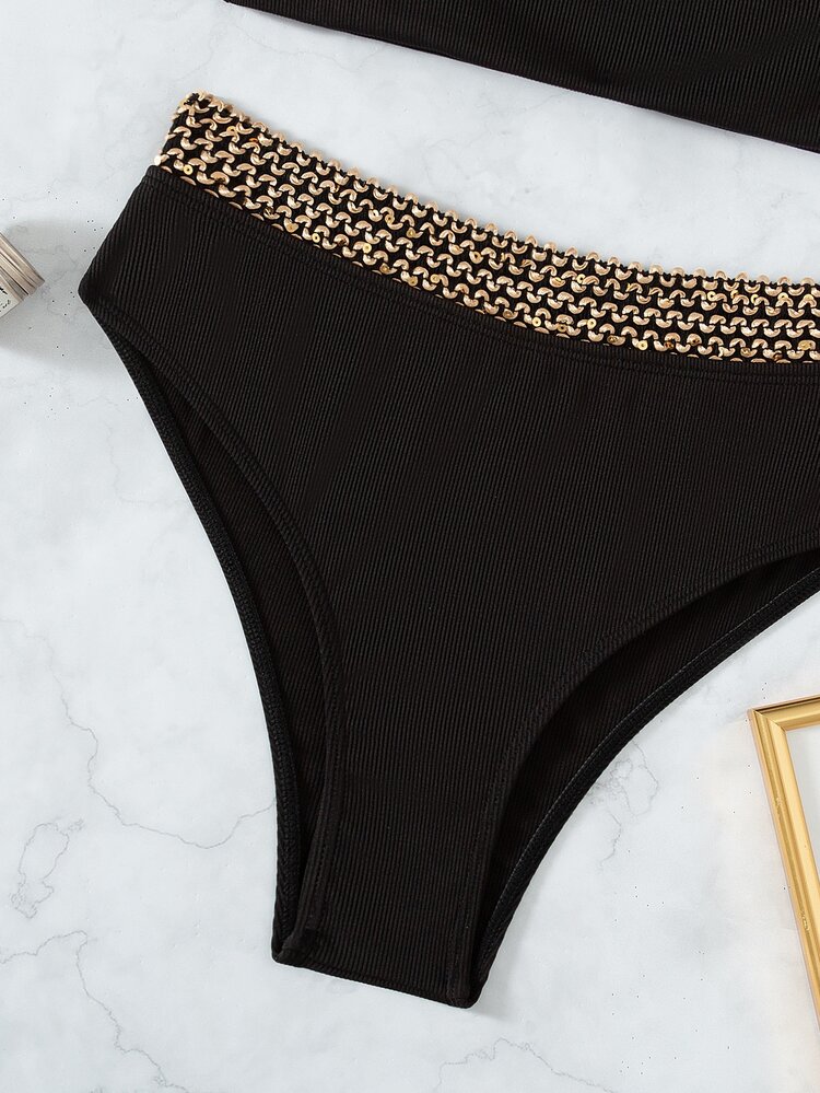 Contrast Trim Bandeau Bikini - Black - View 3