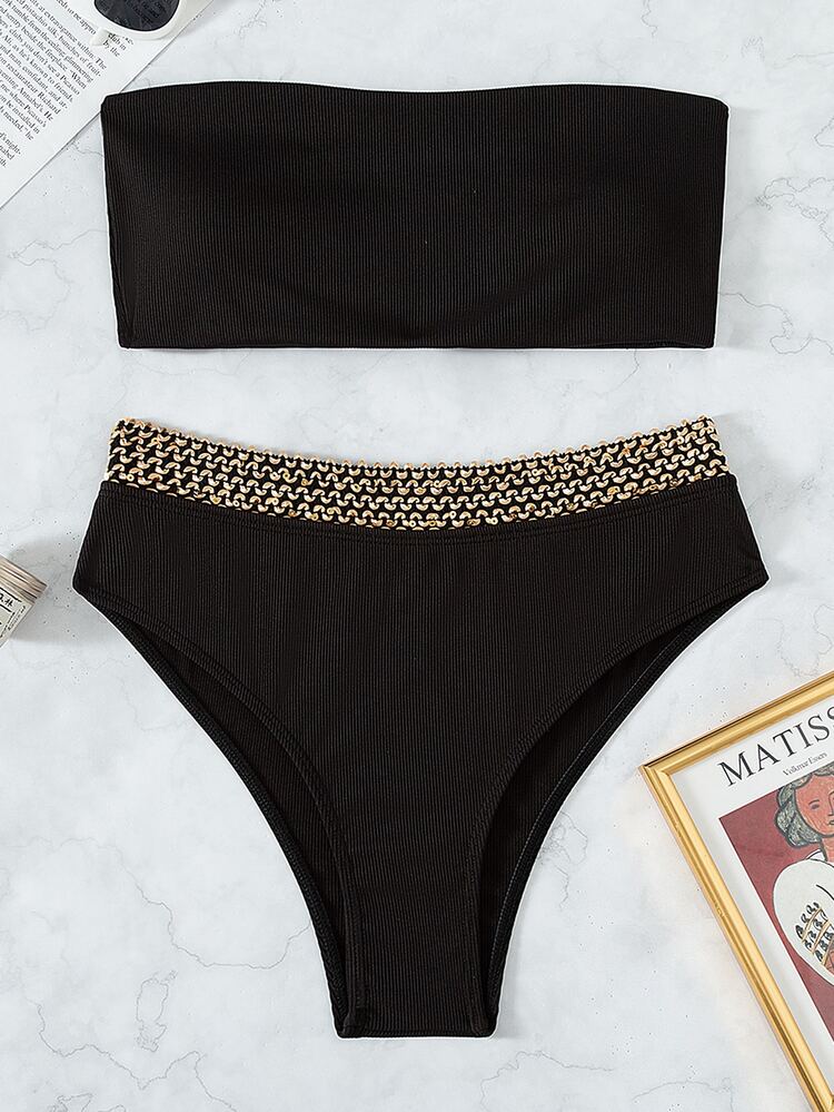 Contrast Trim Bandeau Bikini - Black - View 5