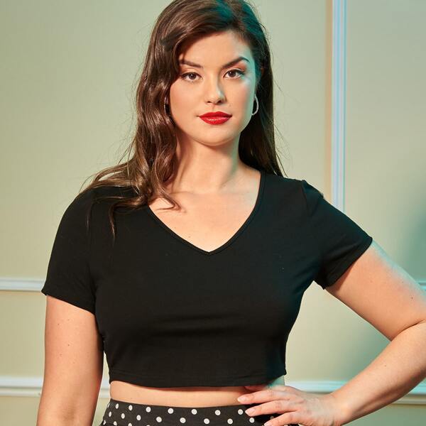 

Plus Lace Trim Tied Backless Crop Tee, Black