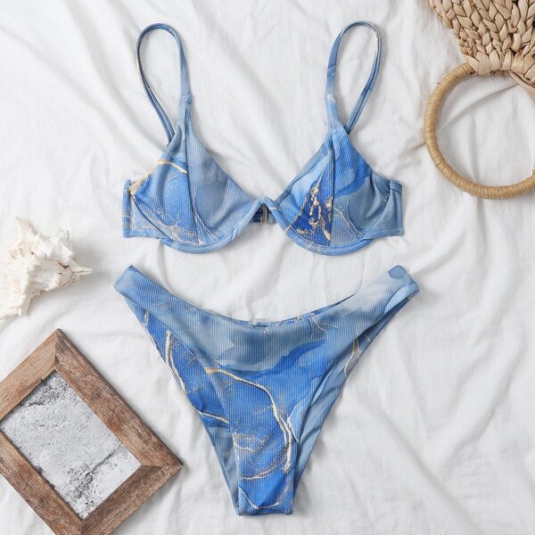 

Marble Print High Cut Bikini Swimsuit, Multicolor