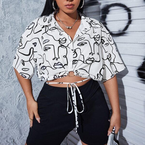 

Plus Figure Graphic Ring Linked Knot Front Crop Blouse, Black and white