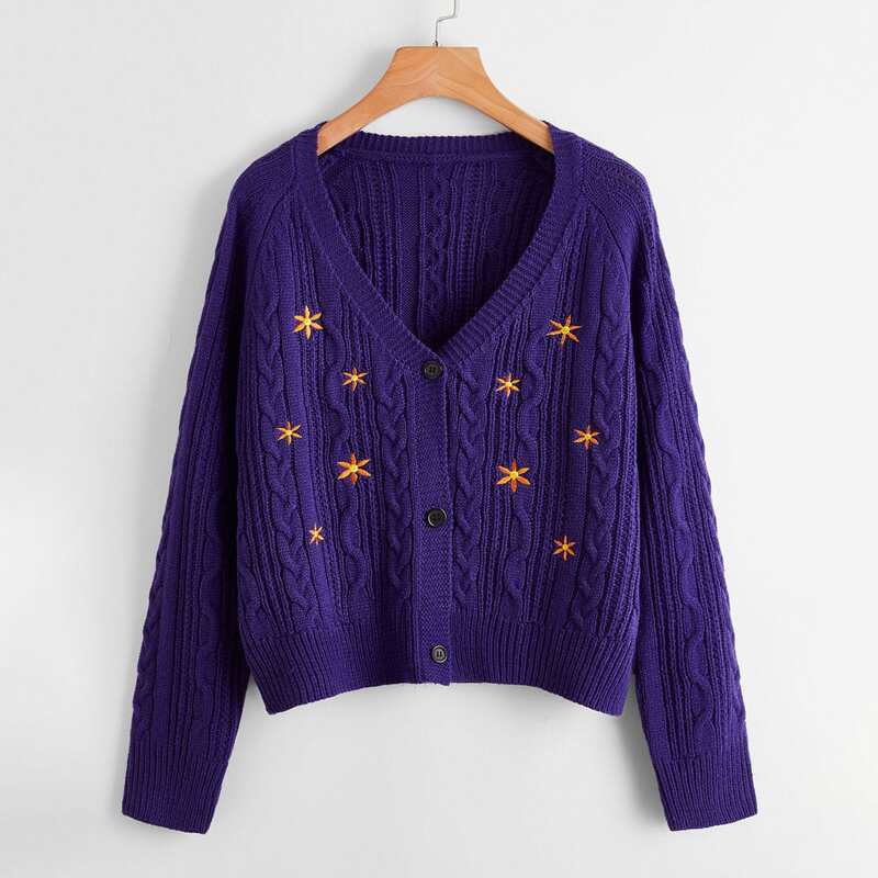 

Flower Embroidery Cable Knit Cardigan, Purple