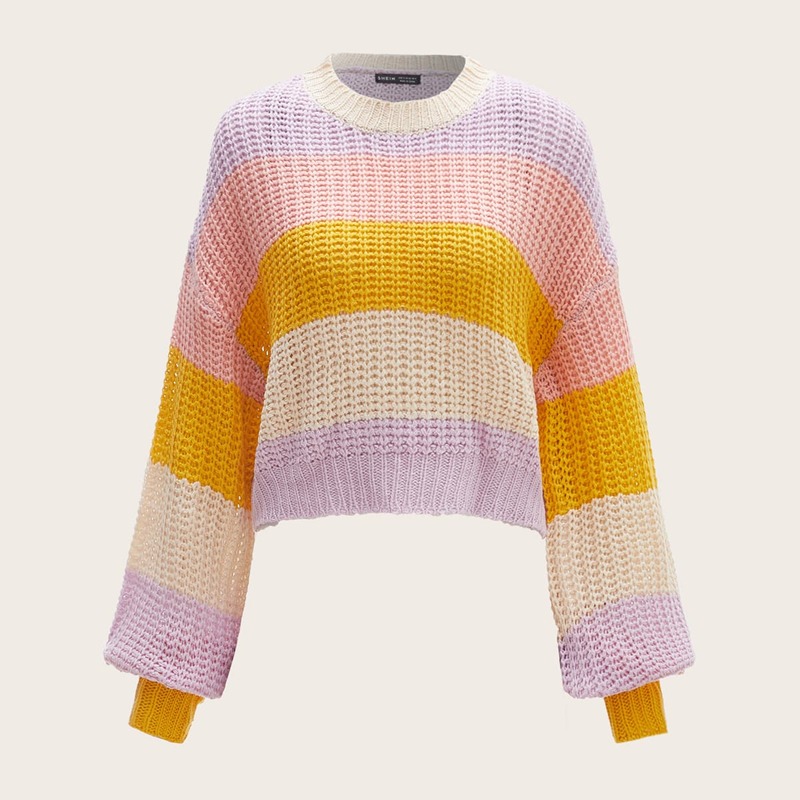 

Colorblock Drop Shoulder Lantern Sleeve Sweater, Multicolor