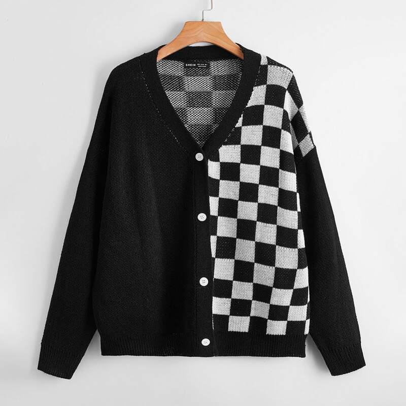 

Checker Pattern Drop Shoulder Cardigan, Black and white