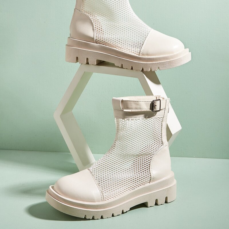 

Buckle Detail Hollow Out Design Boots, Beige