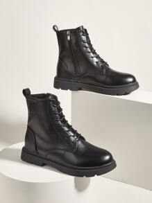 Lace Up Front Side Zip Combat Boots - Black - View 1