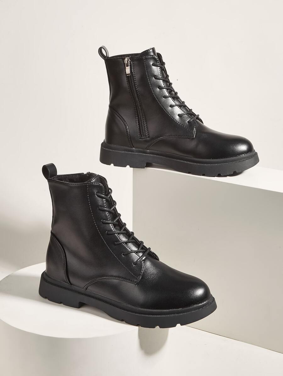 Lace Up Front Side Zip Combat Boots - Black - View 1