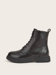 Lace Up Front Side Zip Combat Boots - Black - View 2