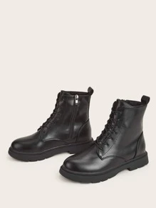 Lace Up Front Side Zip Combat Boots - Black - View 3