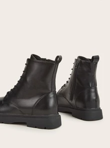 Lace Up Front Side Zip Combat Boots - Black - View 5