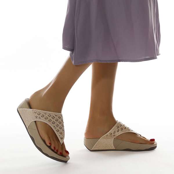 

Rhinestone Decor Thong Wedge Mules, Gold