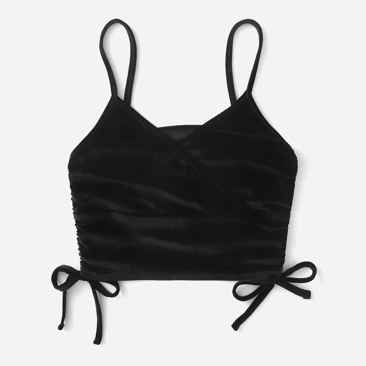 

Solid Drawstring Velvet Cami Top, Black