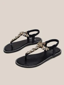Women Rhinestone & Chain Decor Thong Sandals, Glamorous Party Ankle Strap Thong Sandals Valentines - Black - View 4