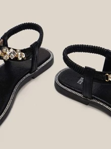 Women Rhinestone & Chain Decor Thong Sandals, Glamorous Party Ankle Strap Thong Sandals Valentines - Black - View 5