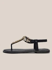 Women Rhinestone & Chain Decor Thong Sandals, Glamorous Party Ankle Strap Thong Sandals Valentines - Black - View 3