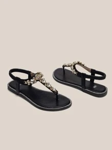 Women Rhinestone & Chain Decor Thong Sandals, Glamorous Party Ankle Strap Thong Sandals Valentines - Black - View 2