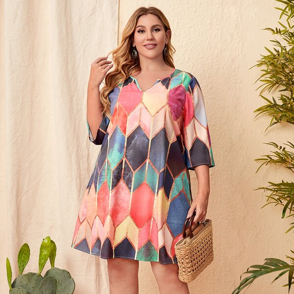 

Plus Notch Neck Geo Print Colorblock Tunic Dress, Multicolor