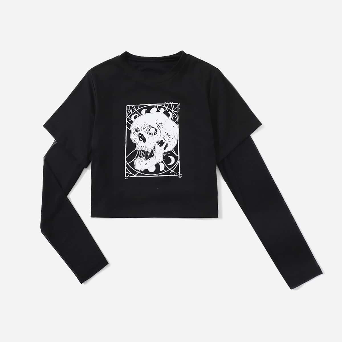 

Skull Graphic Crop Tee & Solid Mesh Top, Black