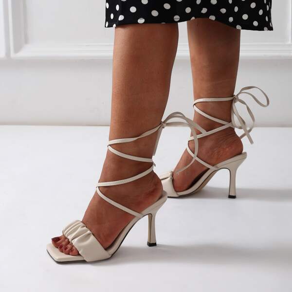 

Minimalist Ruched Chunky Heeled Gladiator Sandals, Beige