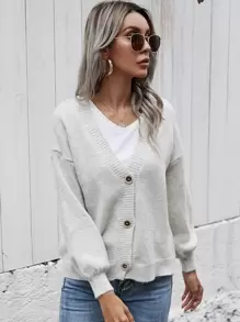 SHEIN LUNE Áo len Mở Nút phía trước màu trơn Giải trí - Màu Xám nhạt - Xem 3