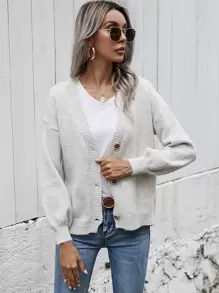 SHEIN LUNE Áo len Mở Nút phía trước màu trơn Giải trí - Màu Xám nhạt - Xem 4