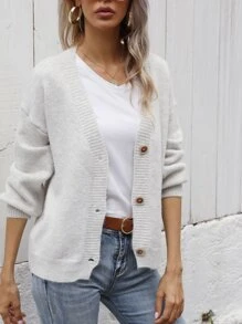 SHEIN LUNE Áo len Mở Nút phía trước màu trơn Giải trí - Màu Xám nhạt - Xem 5