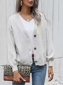 SHEIN LUNE Áo len Mở Nút phía trước màu trơn Giải trí - Màu Xám nhạt - Xem 6