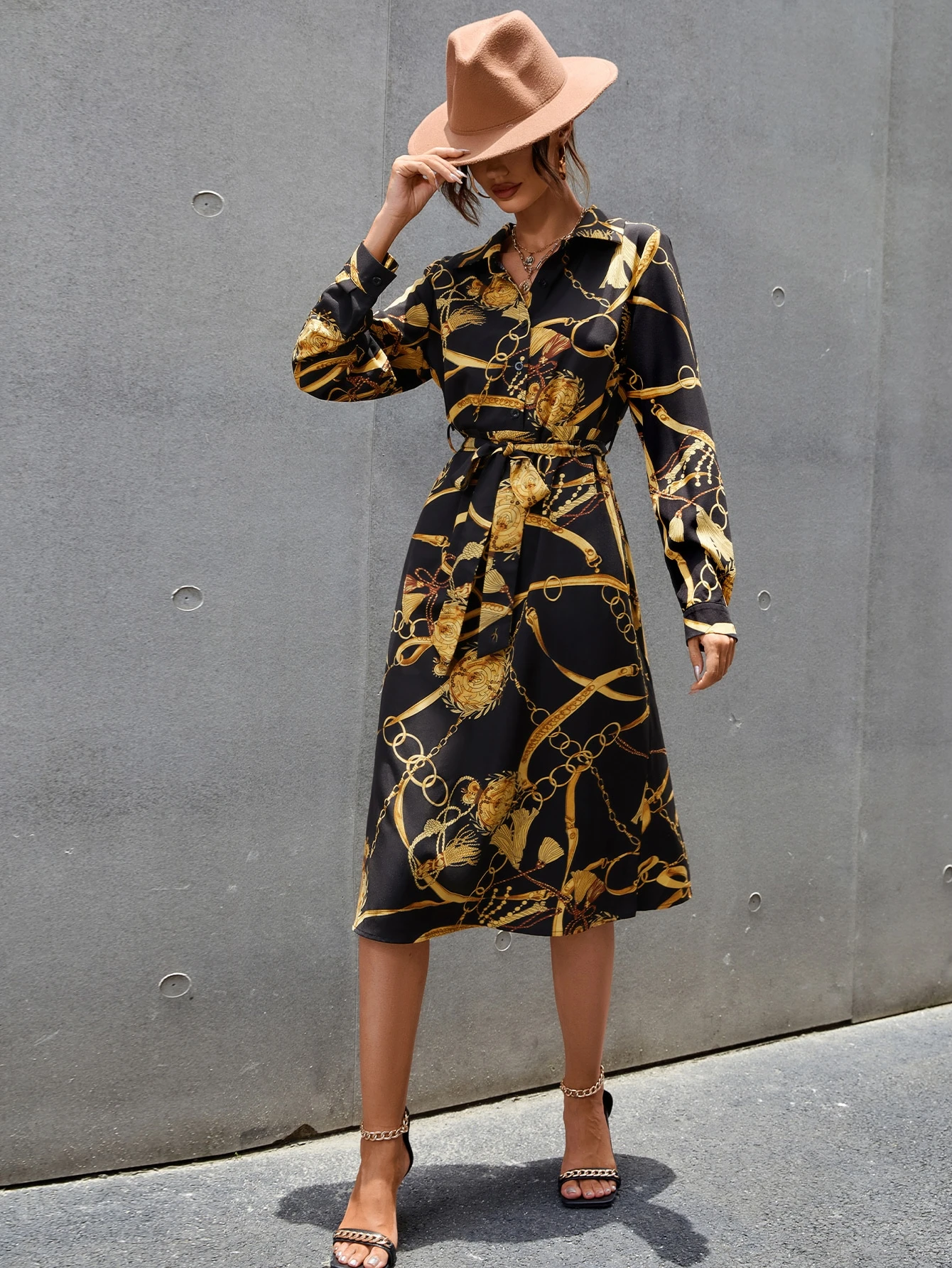 Chain Print Belted Shirt Dress SHEIN EUR