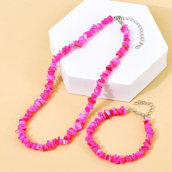 

Stone Beaded Necklace & Bracelet, Hot pink