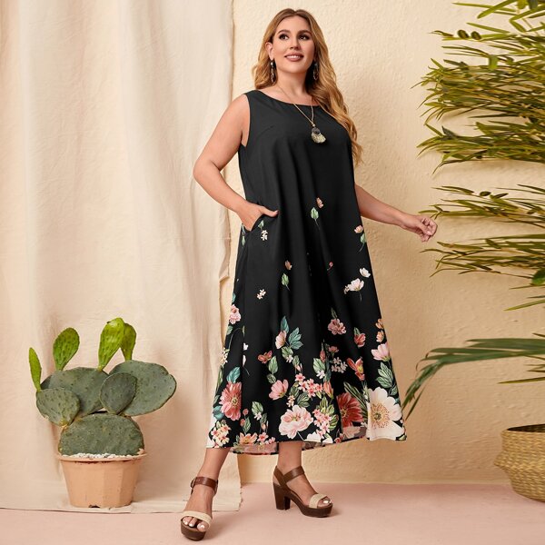 

Plus Floral Print Hidden Pocket Dress, Black