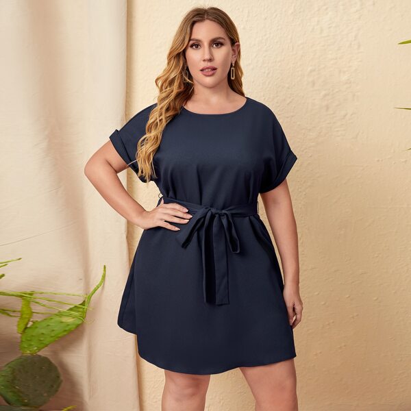 

Plus Roll Up Sleeve Belted Dress, Navy blue
