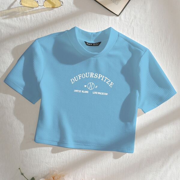 

Mock Neck Letter Graphic Waffle Knit Tee, Baby blue