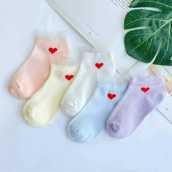

5pairs Toddler Girls Heart Print Socks, Multicolor