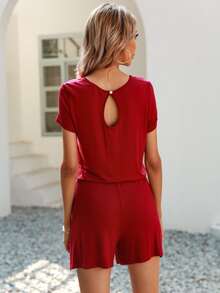 DEARCASE Solid Drawstring Waist Romper - Red - View 2