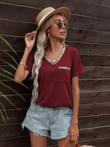 DEARCASE Contrast Sequin Pocket Patched Curved Hem Tee - Burgundy - View 1