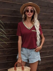 DEARCASE Contrast Sequin Pocket Patched Curved Hem Tee - Burgundy - View 3