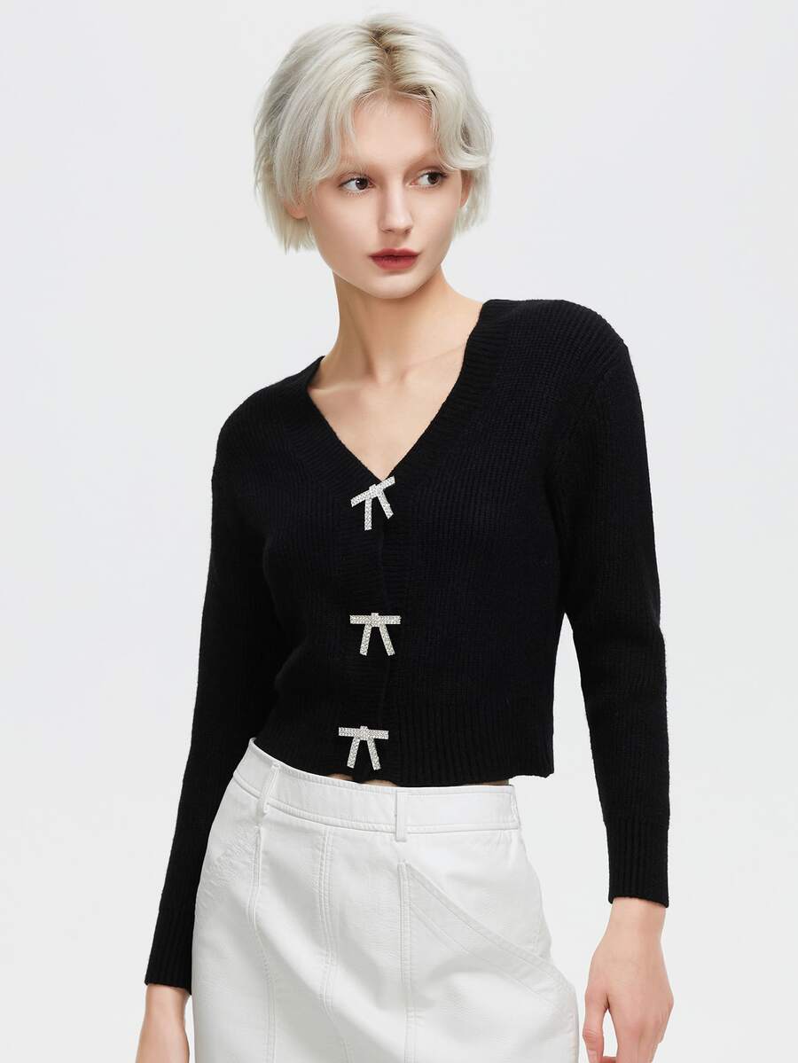 ZIAI 水鑽前蝴蝶結開襟衫 - 黑色 - 查看 1