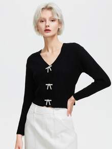 ZIAI 水鑽前蝴蝶結開襟衫 - 黑色 - 查看 5