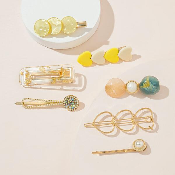 

7pcs Rhinestone & Faux Pearl Decor Hair Clip, Multicolor