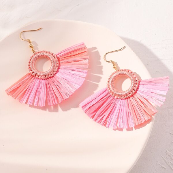 

Raffia Fringe Decor Drop Earrings, Pink