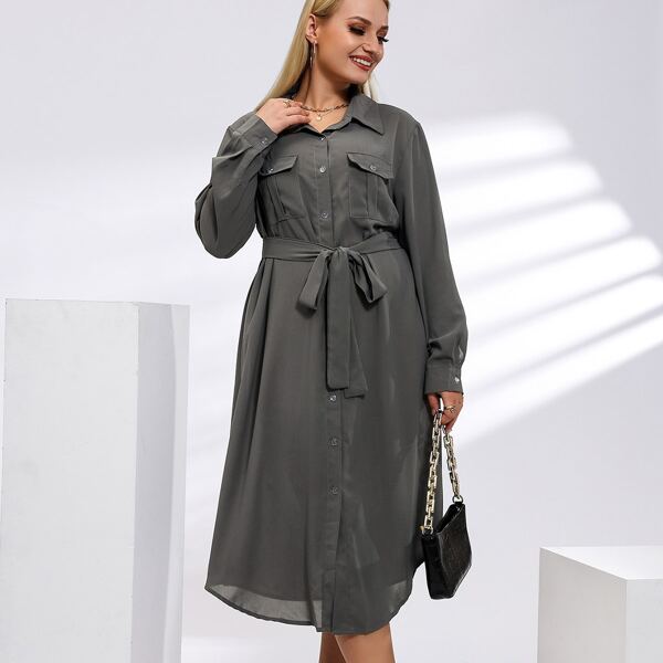 

Plus Pocket Front Belted Shirt Dress, Dark grey