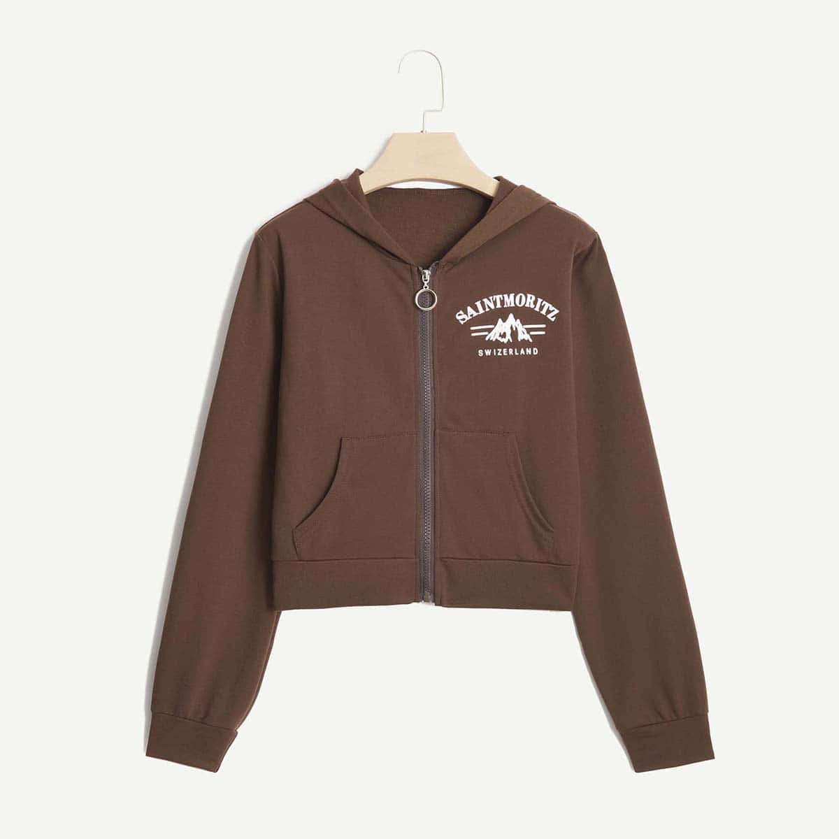 

Zipper Letter Graphic Kangaroo Pocket Sweatshirt, Coffee brown