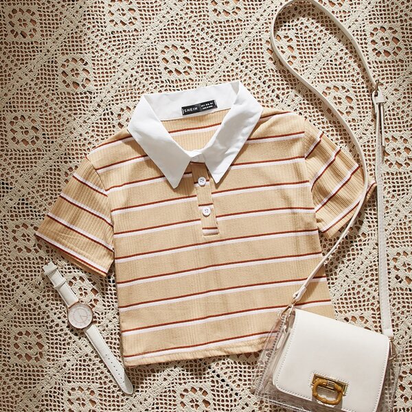 

Plus Contrast Collar Striped Tee, Khaki