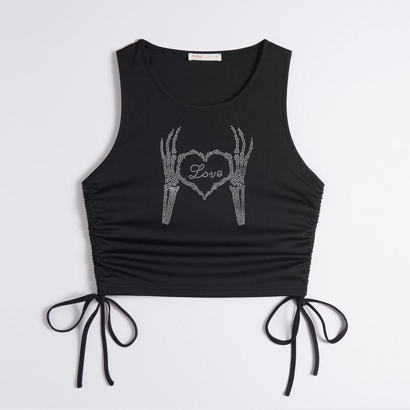 

Skeleton Print Drawstring Tank Top, Black