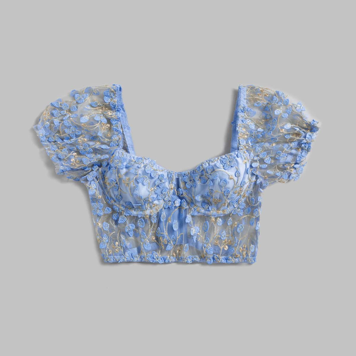 

Floral Embroidery Puff Sleeve Crop Top, Baby blue