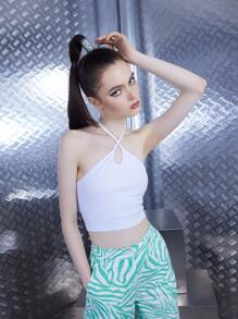 ROMWE Áo hai dây Gân đan màu trơn Giải trí - trắng - Xem 3