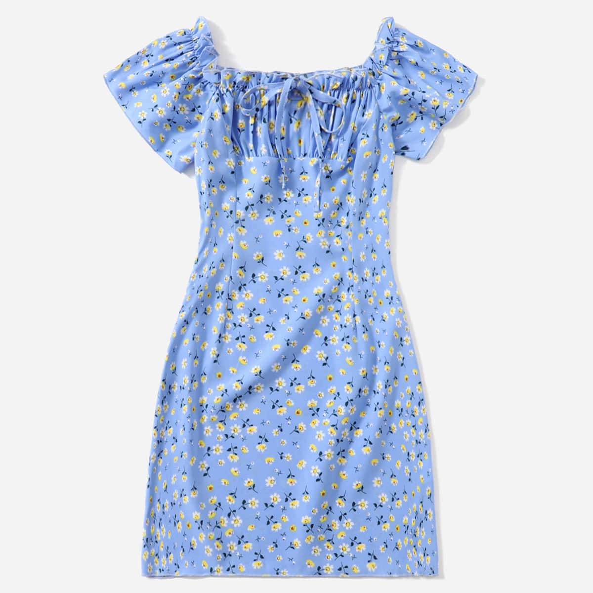 

Ditsy Floral Frill Trim Knot Puff Sleeve Bodycon Dress, Blue