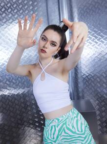 ROMWE Áo hai dây Gân đan màu trơn Giải trí - trắng - Xem 4